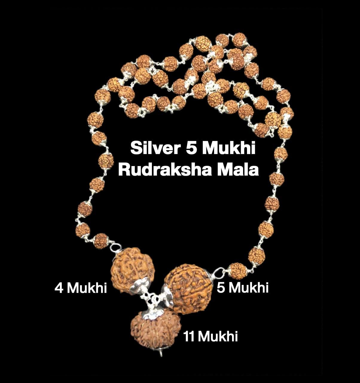 Rudraksha Combination for Hanuman Power 4,5,11 Mukhi Nepal in Silver Mala IGL Lab Certified Original Genuine Beads (Tiny)