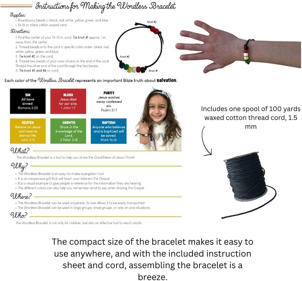 Wordless Bracelet and Bookmark Teaching Kit- Black, White, Red, Green, Yellow, and Blue Plastic Beads-6 Packs- 9mm- Opaque- 900 Count Each Color- 100 Yards Cotton Thread Cord and 200 Bookmarks