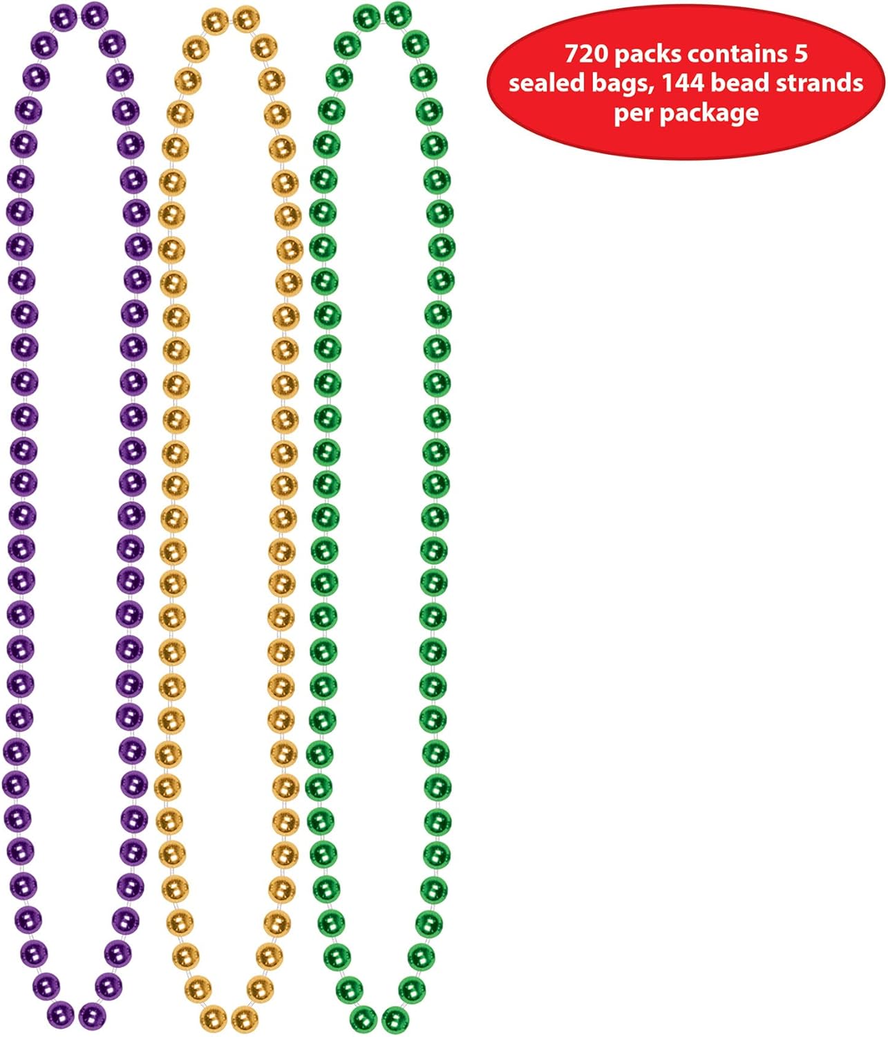 Beistle Mardi Gras Party Beads – 720 Pack, Small Round Plastic Bead Necklaces, Assorted Gold, Green, Purple Bulk Celebration Wear & Event Accessories for Parades, Festivals & Festive Décor, 33”