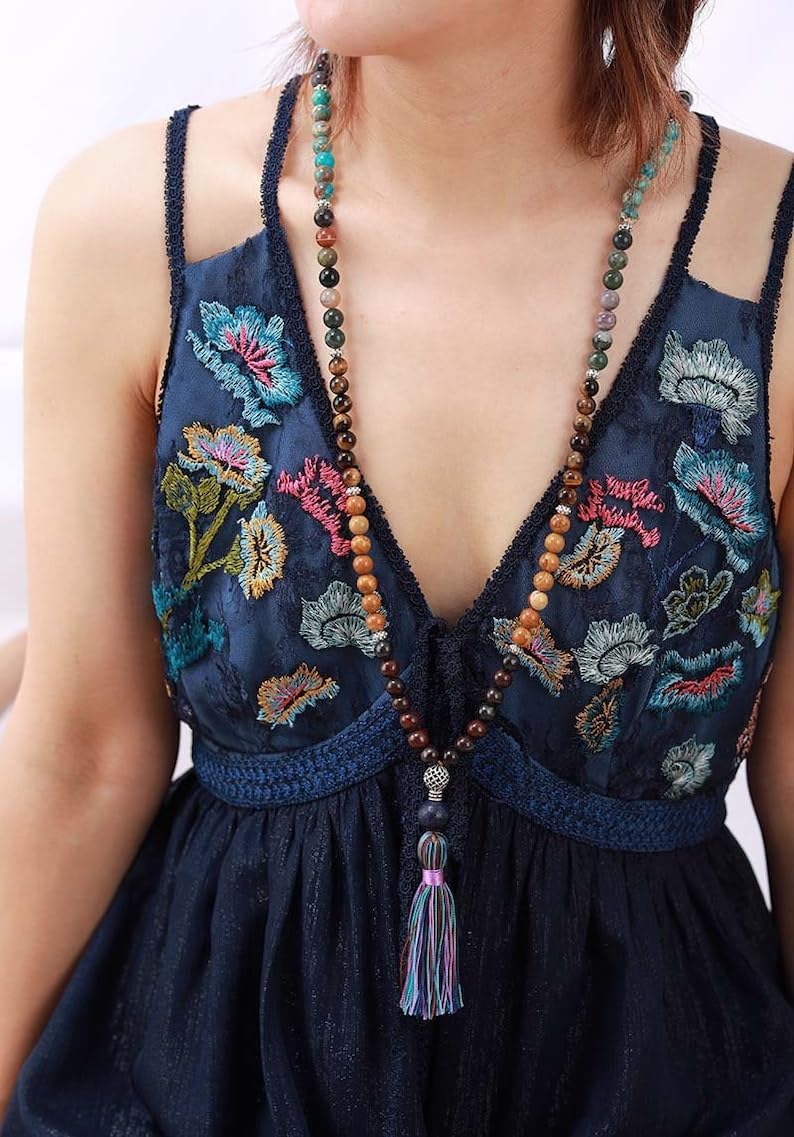 Natural Amethyst, Agate and Jasper Stone Mala Beads, 108 Mala Necklace, Knotted Mala, WWG Necklace, Yoga Jewelry Meditation Beads Spiritual Jewelry Boho Jewelry