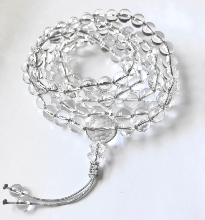 Natural Clear Quartz 8mm-12mm 108 Mala Beads, Spiritual, Meditation Beads, Reiki, Japa Mala, Buddhist Prayer Beads, Yoga Bracelet, healing beads LKMALA-RRGU-1002