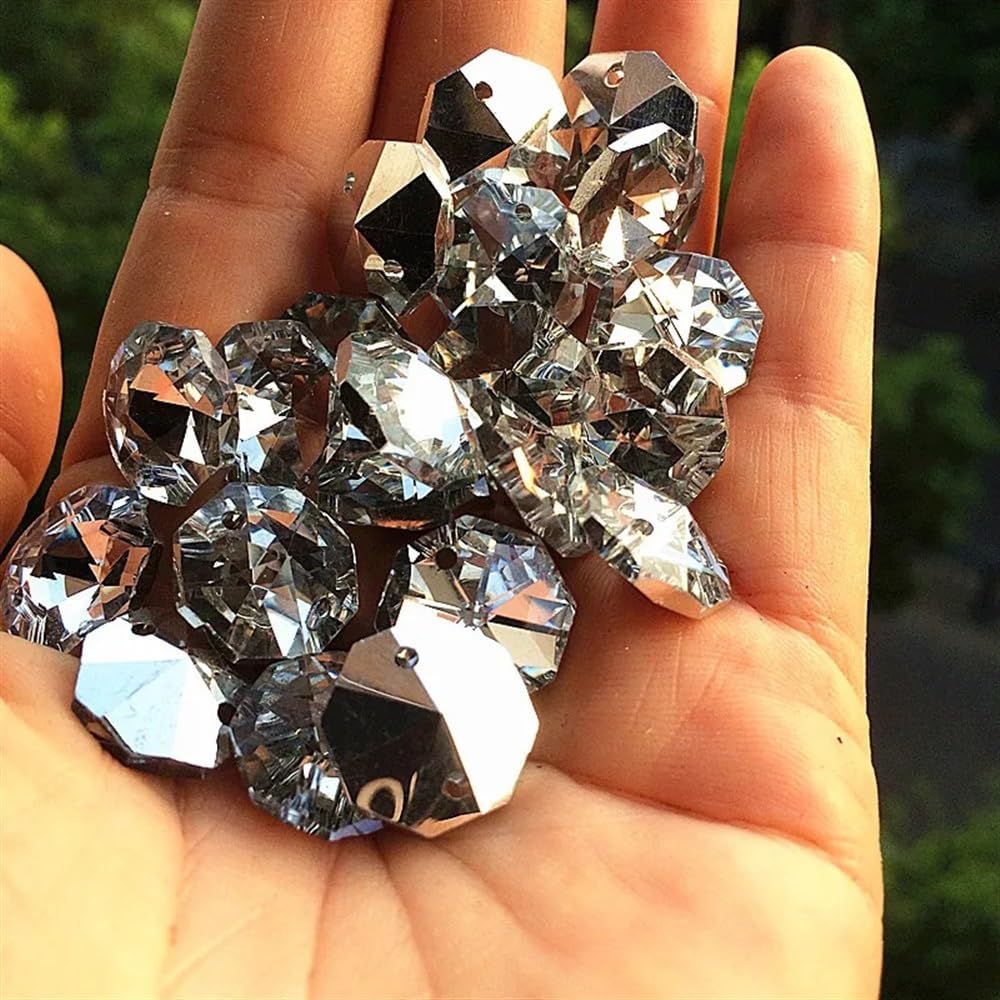 Hanging Crystals Prisms Silver 500pcs 14mm Crystal Octagon Lamp Beads in 2 Holes for Chandelier Parts Accessories Hangings Crystals for Decoration