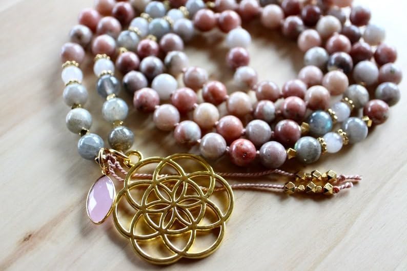 Jasper, Labradorite, Moonstone Stone Mala Beads, 108 Mala Necklace, Knotted Mala, WWG Necklace, Yoga Jewelry Meditation Beads Spiritual Jewelry Boho Jewelry, 34inch, Gemstone, 34inch,