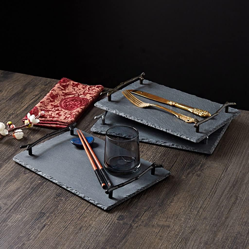 Tray Service Tray Simple Rectangular Retro Branch Handle Dinner Plate Tray Restaurant Exhibition Hall Water Cup Bowl Plate Tray Plate Soft Display Plate Serving Trays(Black)