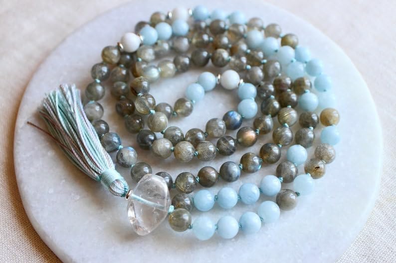 Labradorite, Aquamarine, Rainbow Moonstone Stone Mala Beads, 108 Mala Necklace, Knotted Mala, WWG Necklace, Yoga Jewelry Meditation Beads Spiritual Jewelry Boho Jewelry
