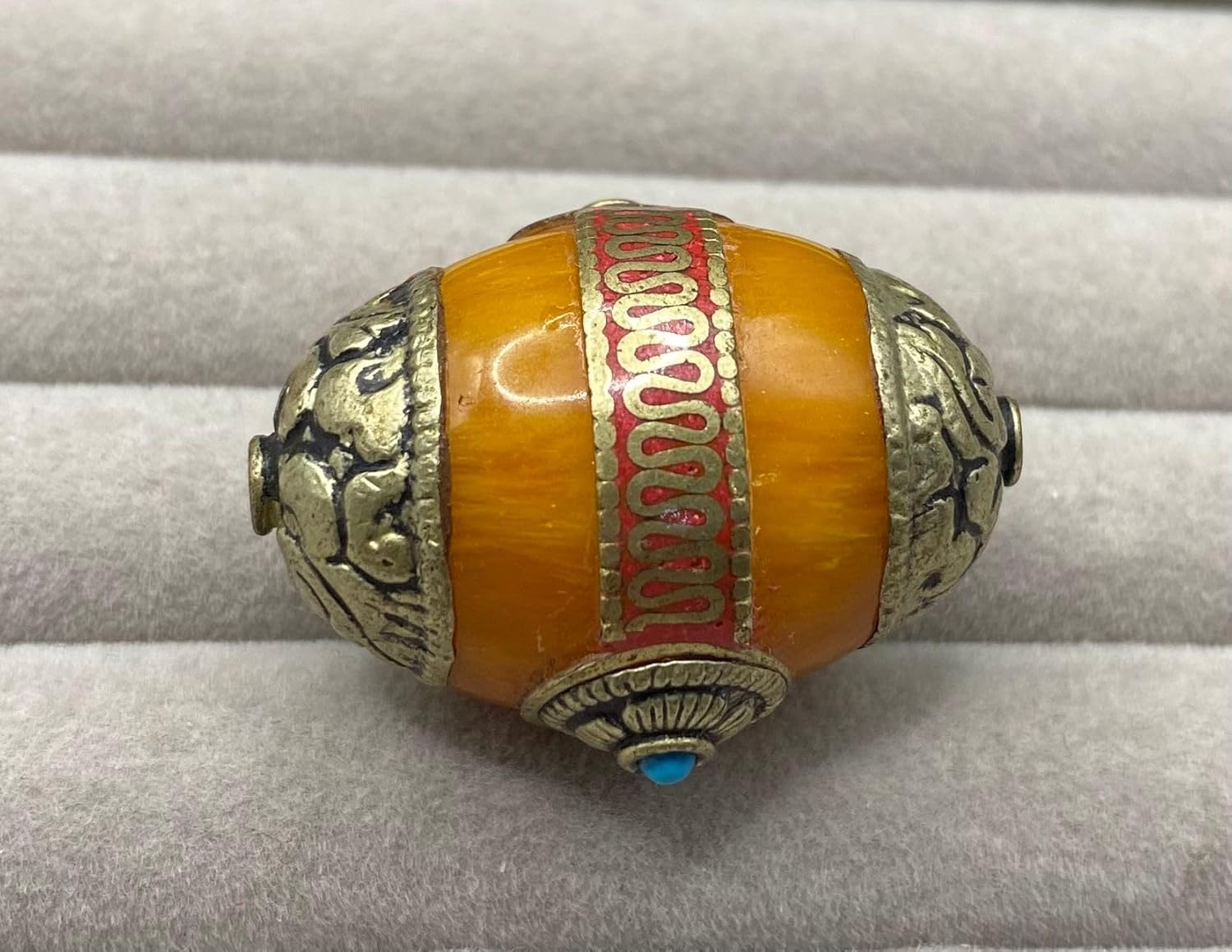 36x24mm Handmade Tibetan Natural Amber Bead with Coral Inlay – Ethnic Silver for Jewelry Making,14.21g Nepalese Boho Focal Bead for Necklace or Bracelet (20)