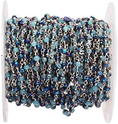 two-tone blue chalcedony gemstone faceted beads, 3-4 mm rondelle beads, silver plated chain, wire wrapped beaded chain. (hrcs-35)