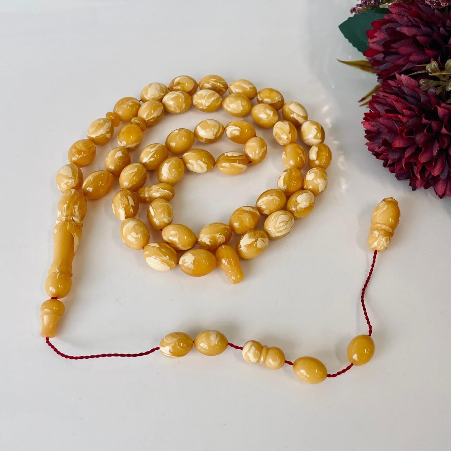 AMBERSTONE Islamic Prayer Beads - Muslim Rosary - Premium Handmade Tasbeeh for Dhikr - Natural Tiger Baltic Amber Misbaha - 45 Beads / 54 g
