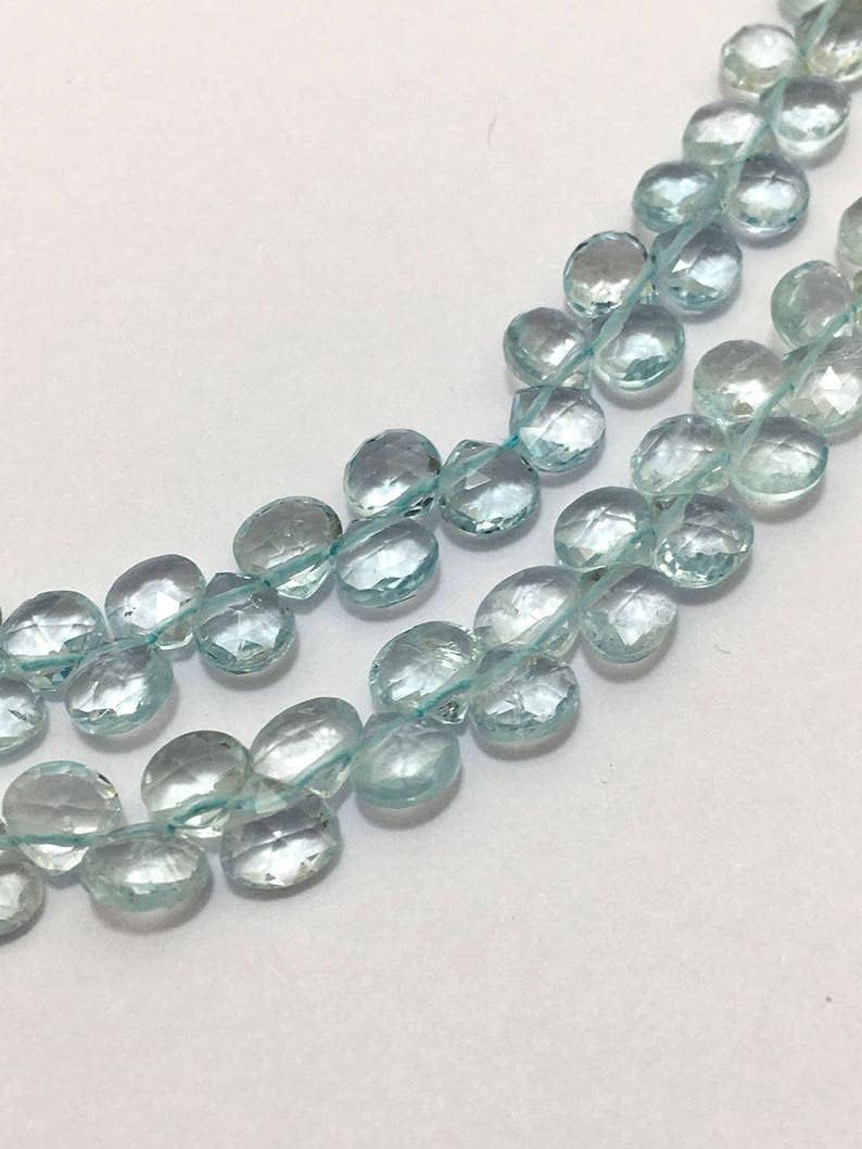 8 inch Strand of Natural Aquamarine 5.5-6.5mm Heart Faceted briolette Beads for DIY Jewelry Making. |BRIO_00598