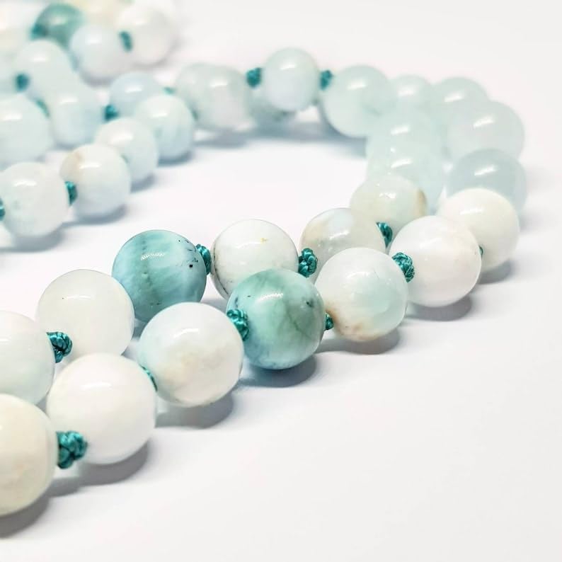 Natural Aquamarine & Larimar 8mm 108 Mala Beads, Spiritual, Meditation Beads, Reiki, Japa Mala, Buddhist Prayer Beads, Yoga Bracelet, healing beads LKMALA-RRGU-2316, 34 inch