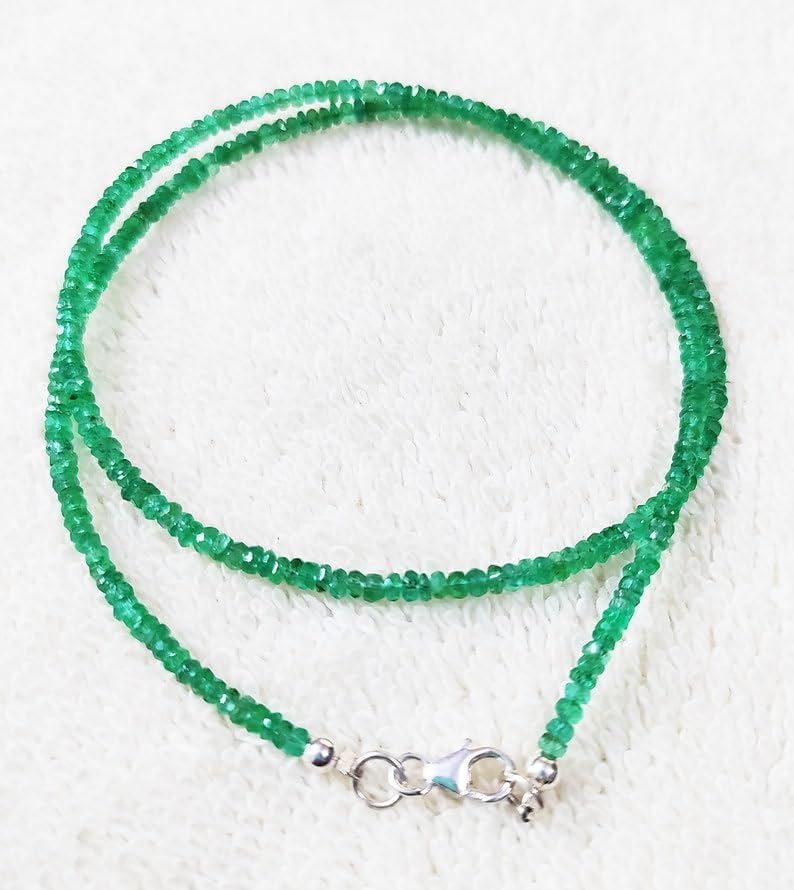SPARKLE GEMS & JEWELS Natural Zambian Emerald Beaded Necklace – AAA+ Faceted 3-4mm Rondelle Gemstone Beads with 925 Sterling Silver Clasp – May Birthstone Healing Crystal Jewelry