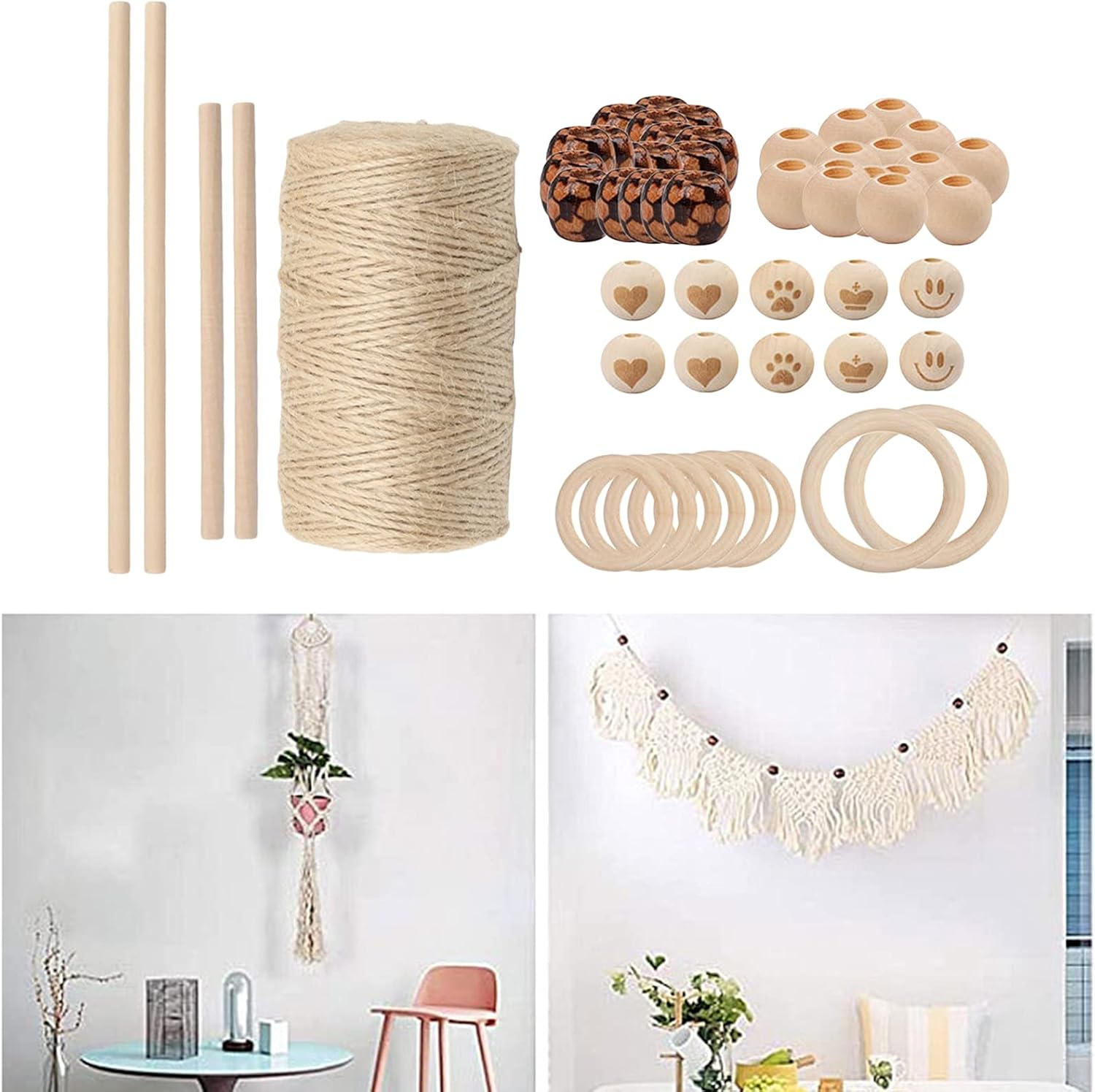 OP Macrame Kit 3mm Macrame Cotton Cord with Wooden Beads, Wooden Rings for Wall T211