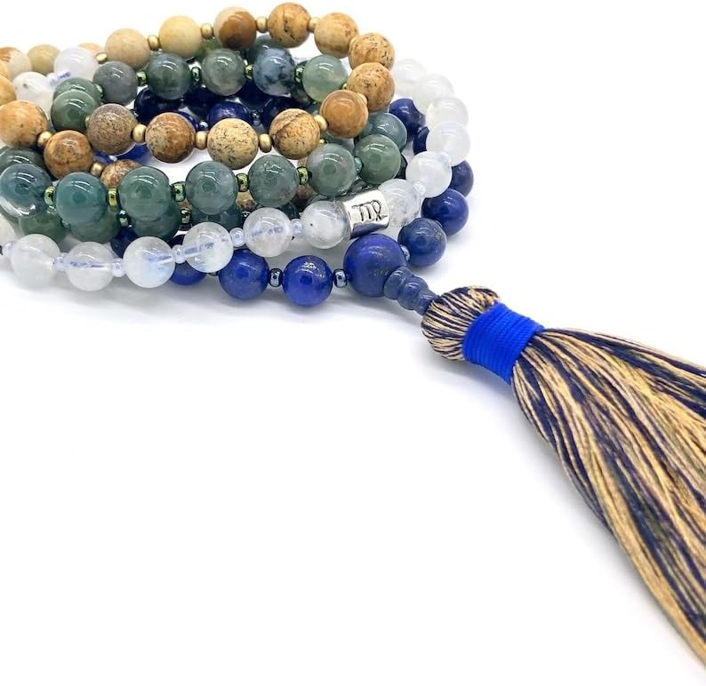 Natural LAPIS LAZULI,MOONSTONE,MOSS AGATE,PICTURE JASPER 8mm 108 Mala Beads, Spiritual, Meditation Beads, Reiki, Japa Mala, Buddhist Prayer Beads, Yoga Bracelet, healing beads LKMALA-RRGU-2653