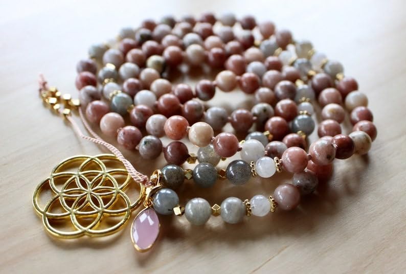 Jasper, Labradorite, Moonstone Stone Mala Beads, 108 Mala Necklace, Knotted Mala, WWG Necklace, Yoga Jewelry Meditation Beads Spiritual Jewelry Boho Jewelry, 34inch, Gemstone, 34inch,