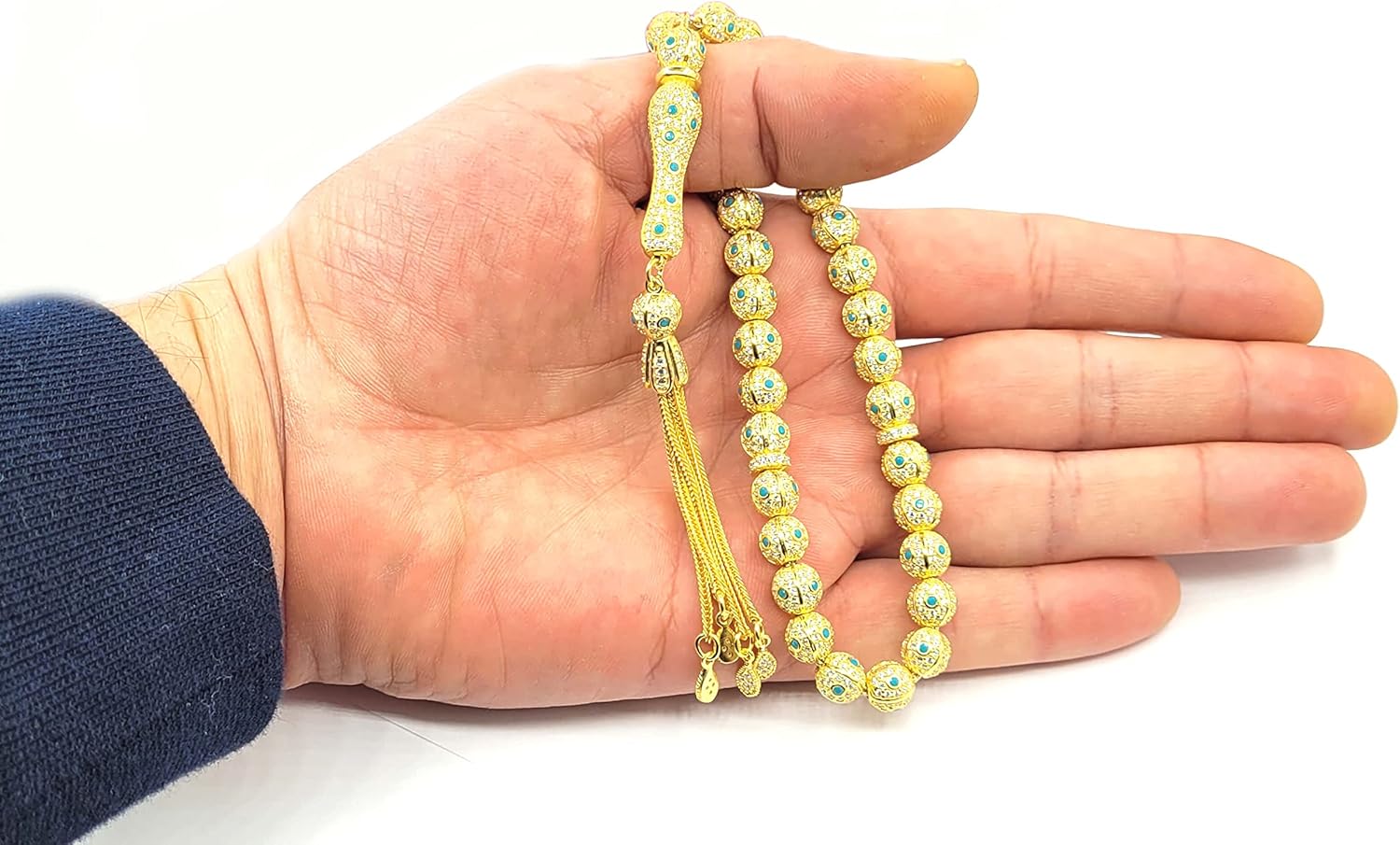 Filigranist Gold Plated 925 Sterling Silver Red Turquoise Green Zirconia Paved Round Beads Tasbih Misbaha Rosary Worry Beads (Turquoise)