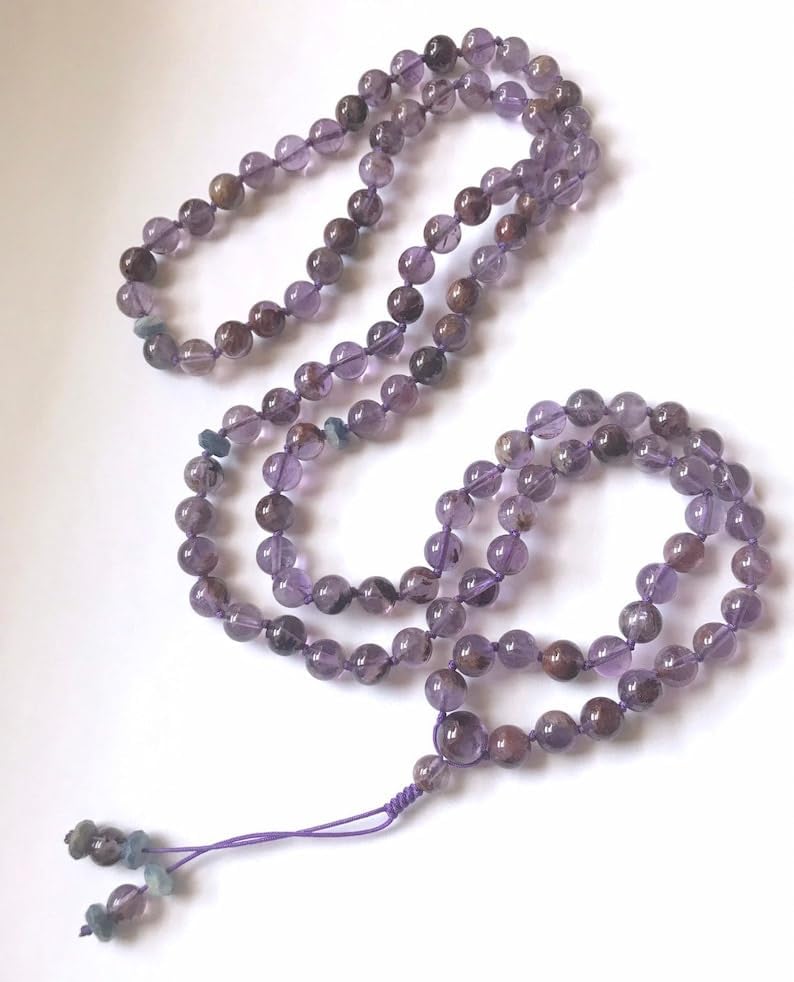 Natural Amethyst Cacoxenite,Kyanite 8mm-12mm 108 Mala Beads, Spiritual, Meditation Beads, Reiki, Japa Mala, Buddhist Prayer Beads, Yoga Bracelet, healing beads LKMALA-RRGU-1031