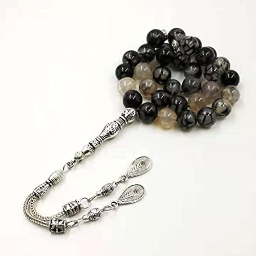 Muslim Men's Bracelet Natural Agate Tasbih Gift Islamic Rosary Misbaha Selected Rosary 33 66 99 Black Transparent Agate Bracelet (Length : 12mm, Metal Color : 99 Beads)