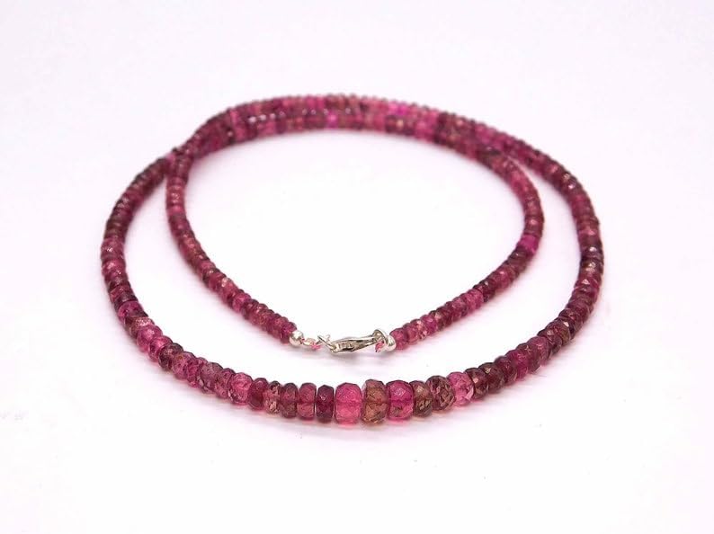 Natural Pink Tourmaline Faceted Rondelle Beaded Necklace 3-4mm | Handmade Pink Gemstone Jewelry | Elegant Pink Beaded Necklace for Women | October Birthstone Gift | Dainty Tourmaline Necklace
