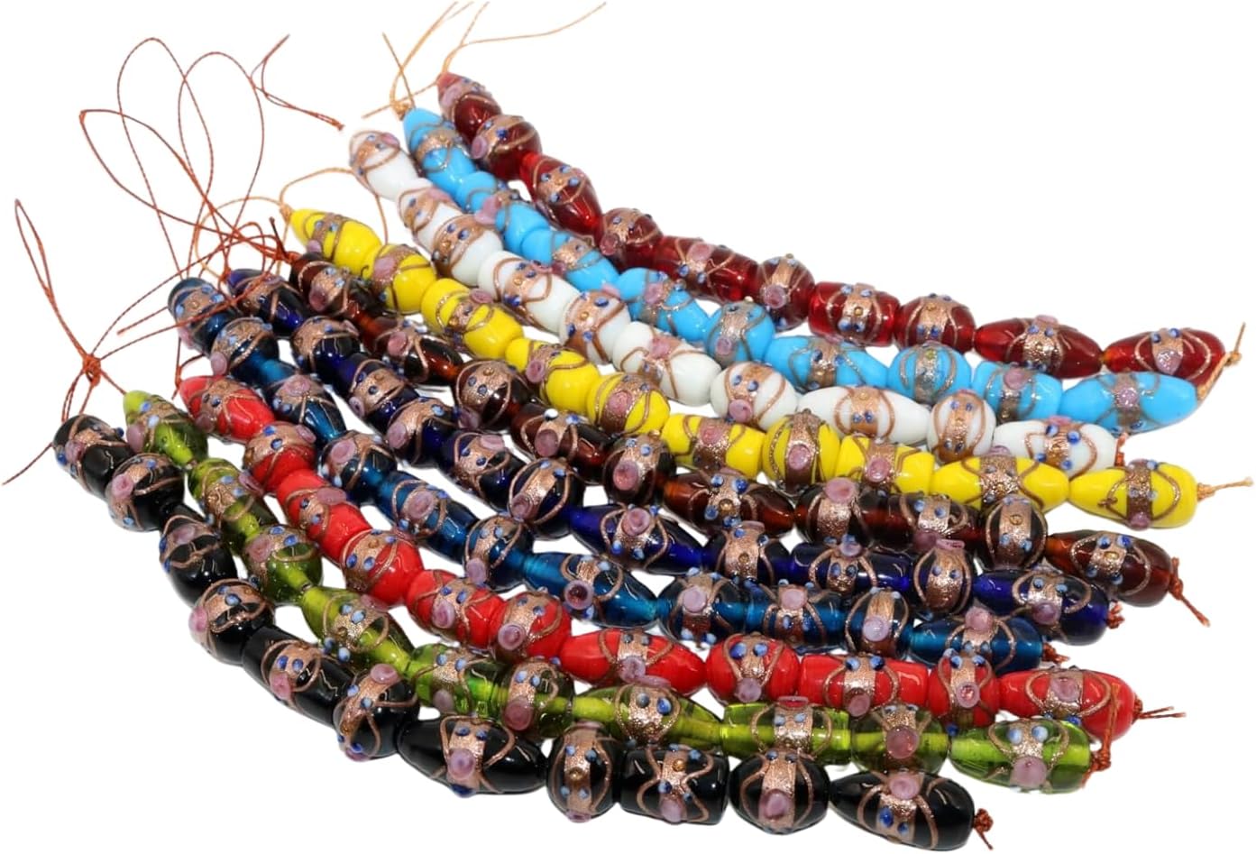 Handcrafted Lampwork Glass Beads | Mixed Color Strands with Floral & Foil Designs | Available in 50 Strands | Oval & Barrel Artistic Beads for Jewelry Making & DIY Crafts.