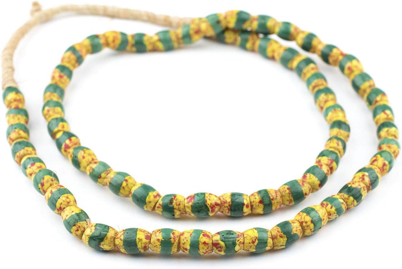 The Bead Chest Old Antique Venetian Yellow Oval Striped Trade Beads Green Stripe 9mm Ghana African Multicolor Glass Large Hole 32 Inch Strand