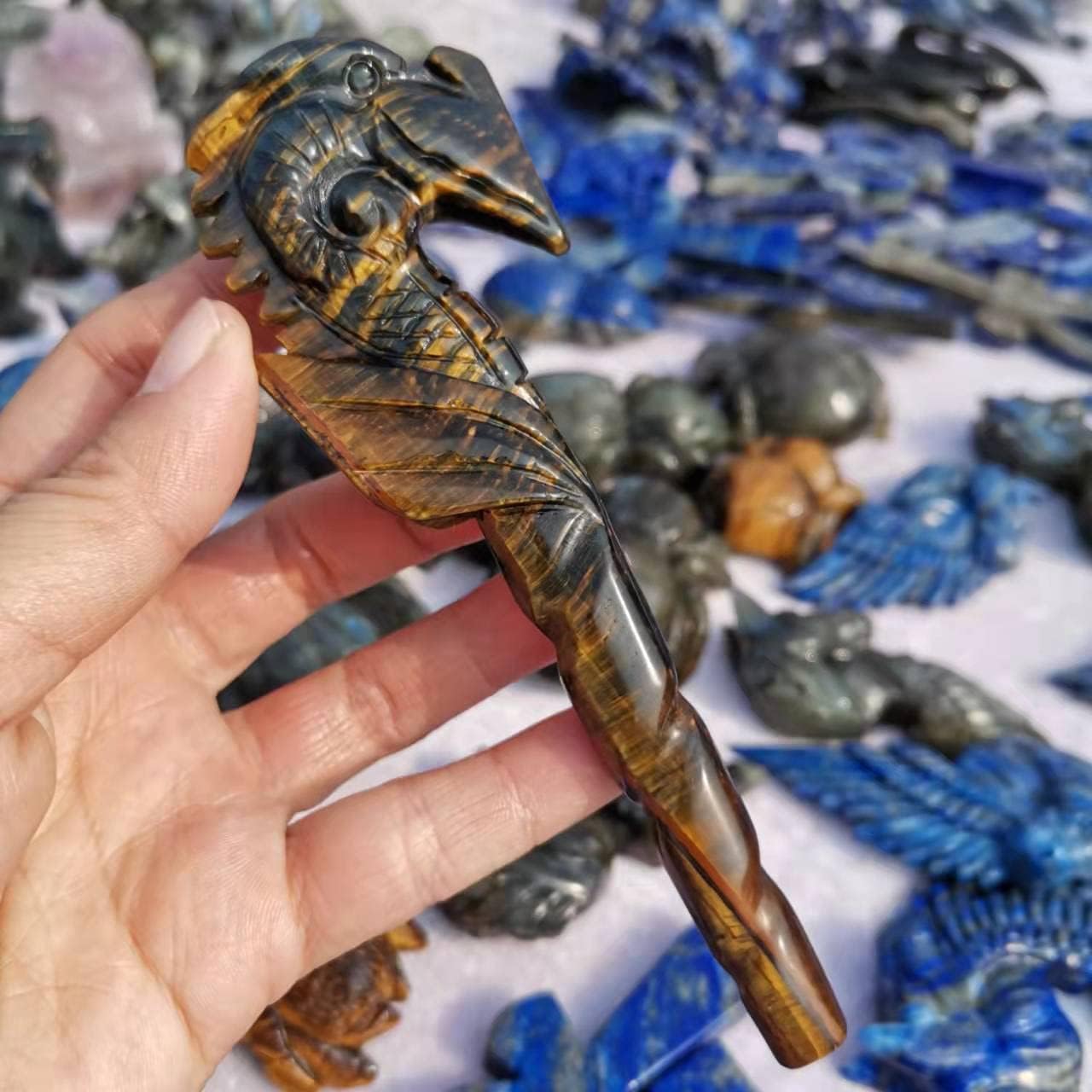 Natural Tiger Eye Carved Staff Crystal Wand Carving