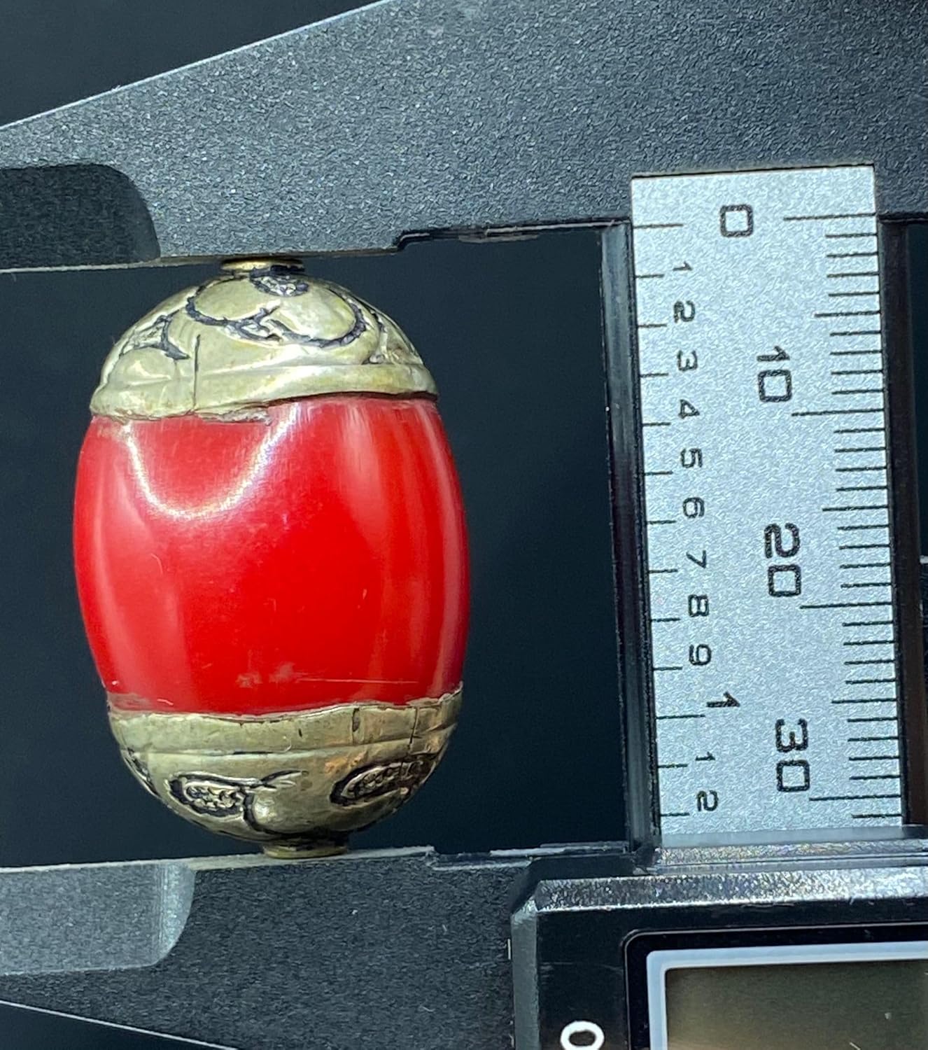 Old Antique 32x22mm Nepalese Tibetan Bead with Coral and Turquoise Inlay – 9g Handmade Brass Vintage Bead for Jewelry Making, Boho Crafts, Healing & Meditation Accessories