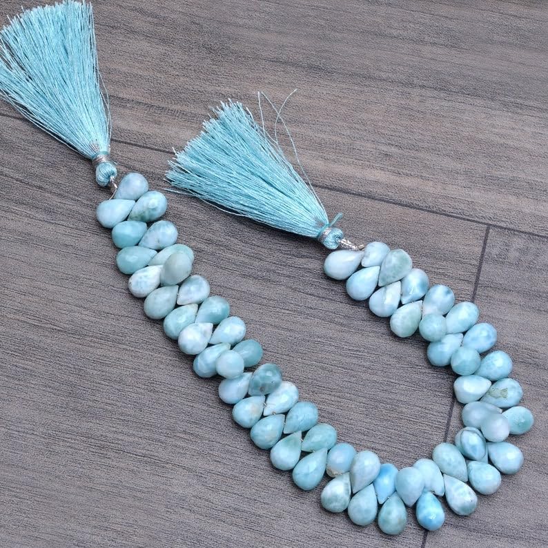 8 inch Strand of Natural Dominican Republic larimar 7x10mm Teardrop Faceted briolette Beads for DIY Jewelry Making. |BRIO_02835