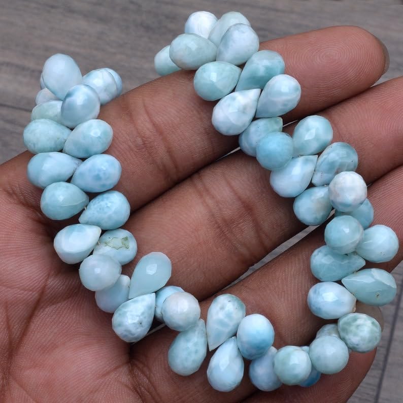 8 inch Strand of Natural Dominican Republic larimar 7x10mm Teardrop Faceted briolette Beads for DIY Jewelry Making. |BRIO_02835