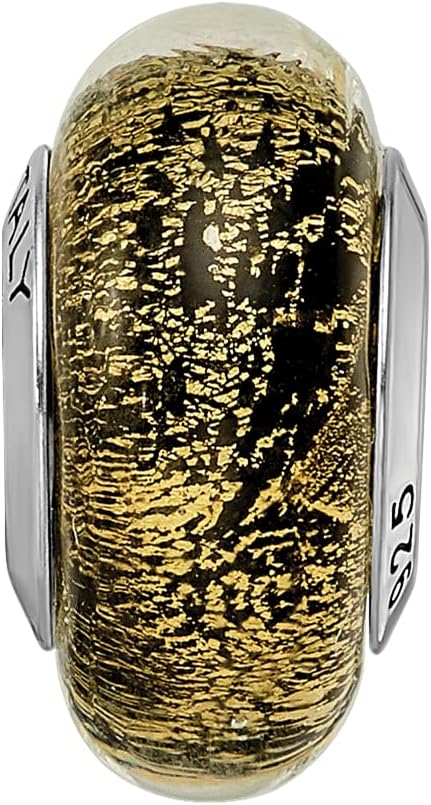 Solid 925 Sterling Silver Reflections Black/Gold-Tone Italian Murano Glass Bead (7.3mm x 13.6mm)