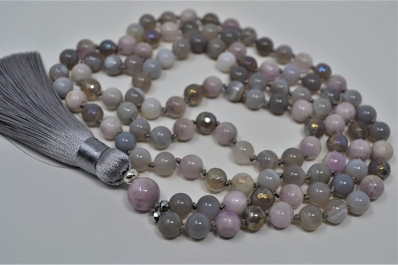 Natural Agate and Kunzite 8mm 108 Mala Beads, Spiritual, Meditation Beads, Reiki, Japa Mala, Buddhist Prayer Beads, Yoga Bracelet, healing beads LKMALA-RRGU-350