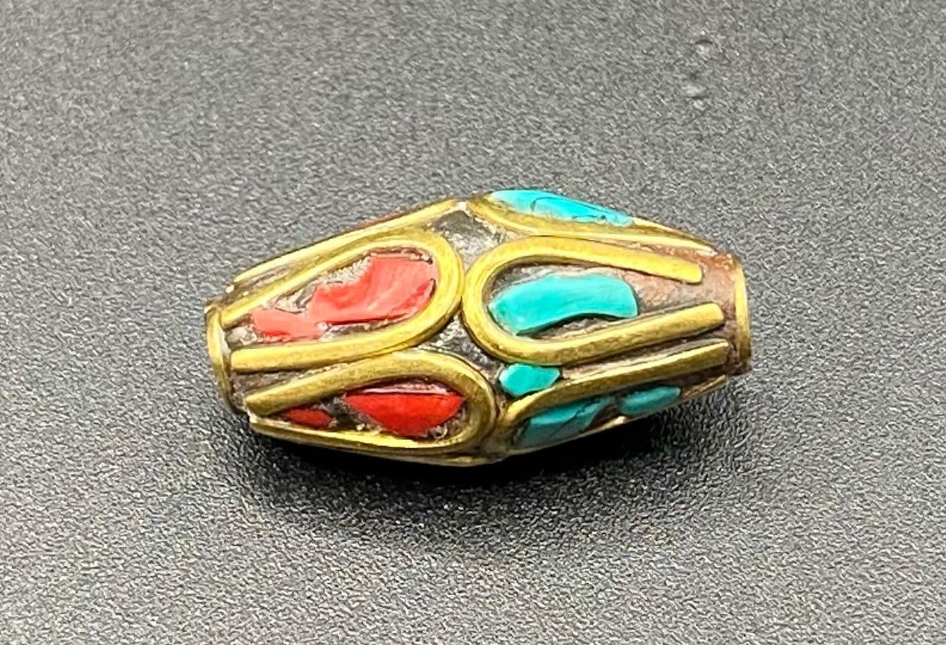 Old Antique Handcrafted 21x10mm Nepalese Tibetan Brass Bead with Turquoise & Coral Inlay – Vintage Ethnic Dzi Style Barrel Buddha Prayer Amulet Bead for Jewelry Making