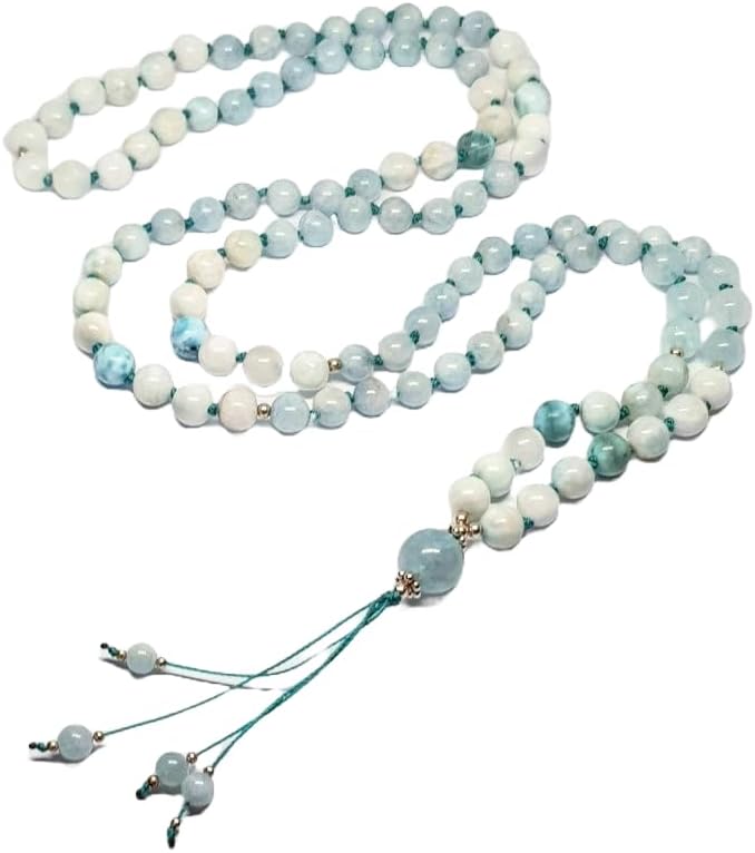 Natural Aquamarine & Larimar 8mm 108 Mala Beads, Spiritual, Meditation Beads, Reiki, Japa Mala, Buddhist Prayer Beads, Yoga Bracelet, healing beads LKMALA-RRGU-2316, 34 inch