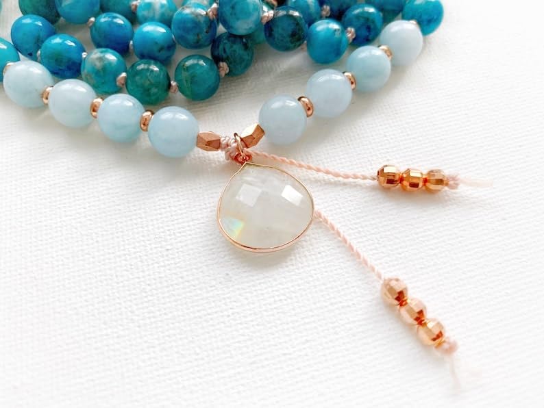Natural Apatite Aquamarine and Moonstone 6mm 108 Mala Beads, Spiritual, Meditation Beads, Reiki, Japa Mala, Buddhist Prayer Beads, Yoga Bracelet, healing beads LKMALA-RRGU-2100