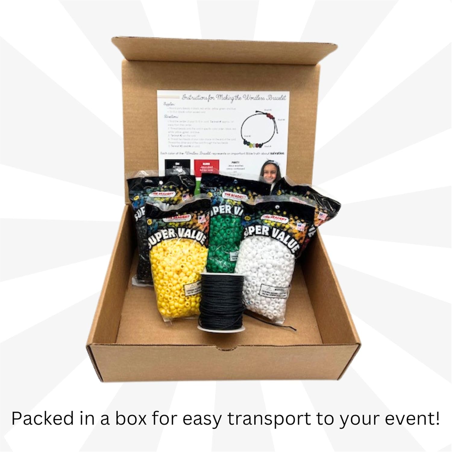 Smalltown Home 4,500 PCS Wordless Bracelet and Bookmark Kit- Black, White, Red, Green, Yellow Plastic Beads-5 Pack- 9mm Opaque 900 Count Each- 100 Yards Waxed Cotton Thread Cord + 200 Bookmarks