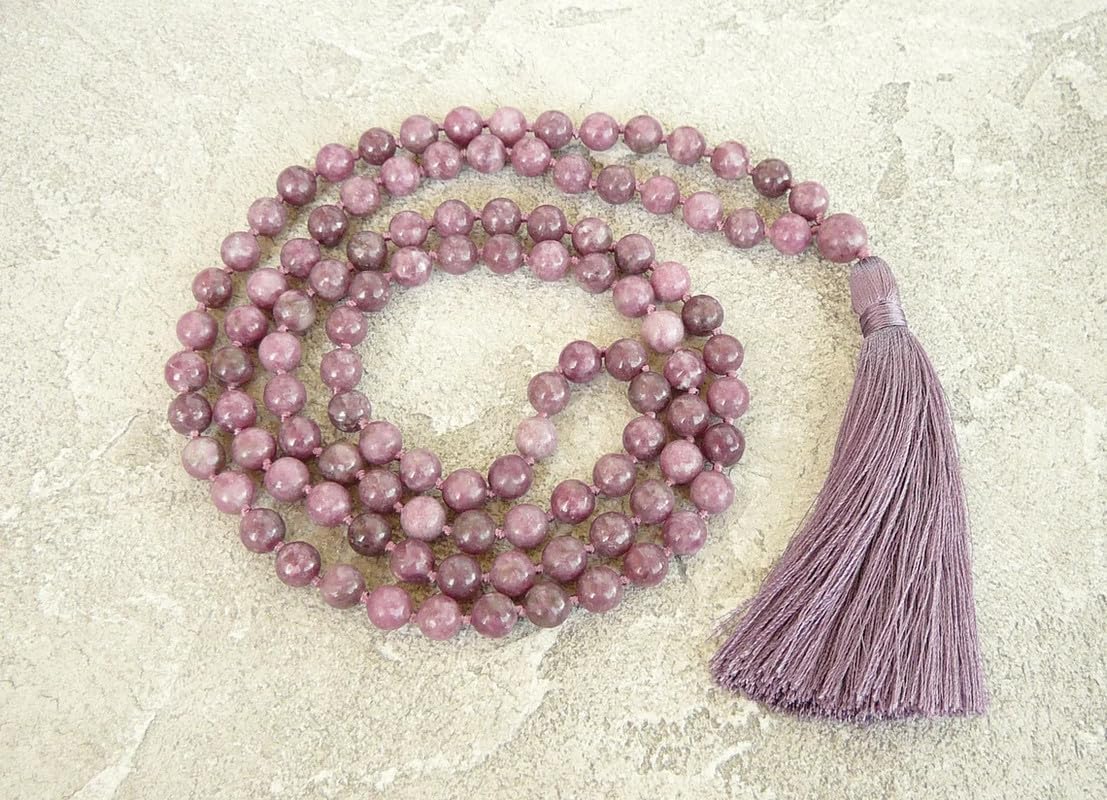 AAA Natural Lepidolite 108-Bead Mala – Hand-Knotted Prayer & Meditation Necklace with Tassel & 10mm Gemstone Beads