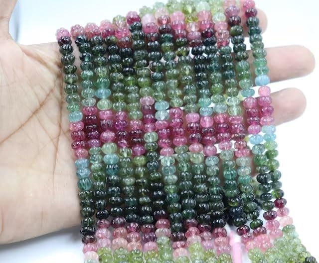 Tourmaline Smooth Carving Melon Shape Beads, 7-12mm AAA+ Quality Multi Tourmaline Melon Carved Beads for Making Jwelery