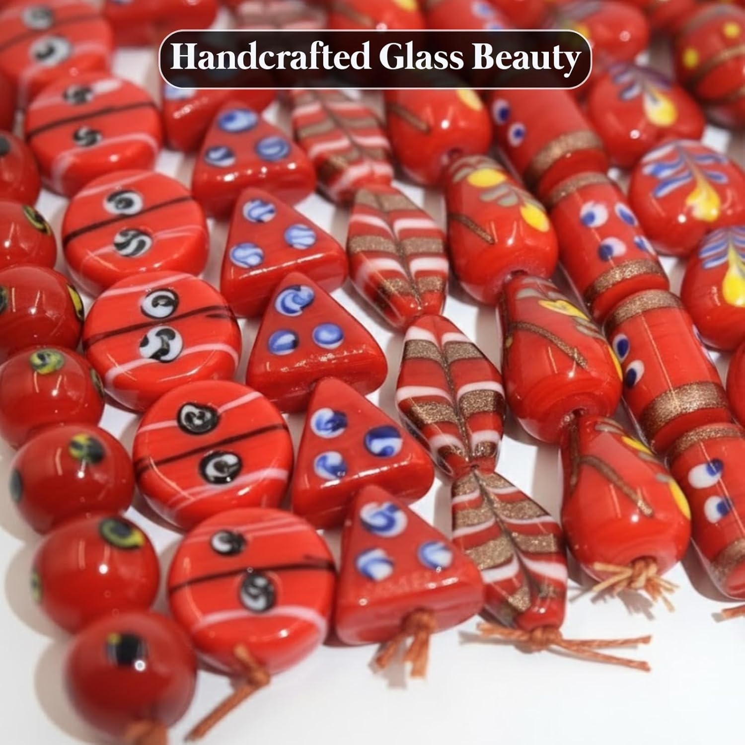 Red Glass Beads for Jewelry Making, Handmade Lampwork Beads with Decorative Patterns, DIY Craft Supplies (20)