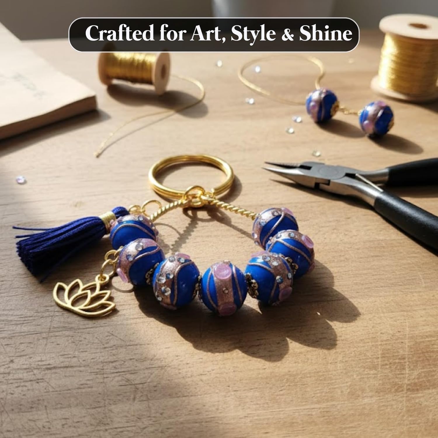 Handcrafted Blue Lampwork Glass Beads | 16mm Round Beads with Golden & Pink Detailing | Available in 10 Strands | Loose Beads for Jewelry Making, DIY & Accessories