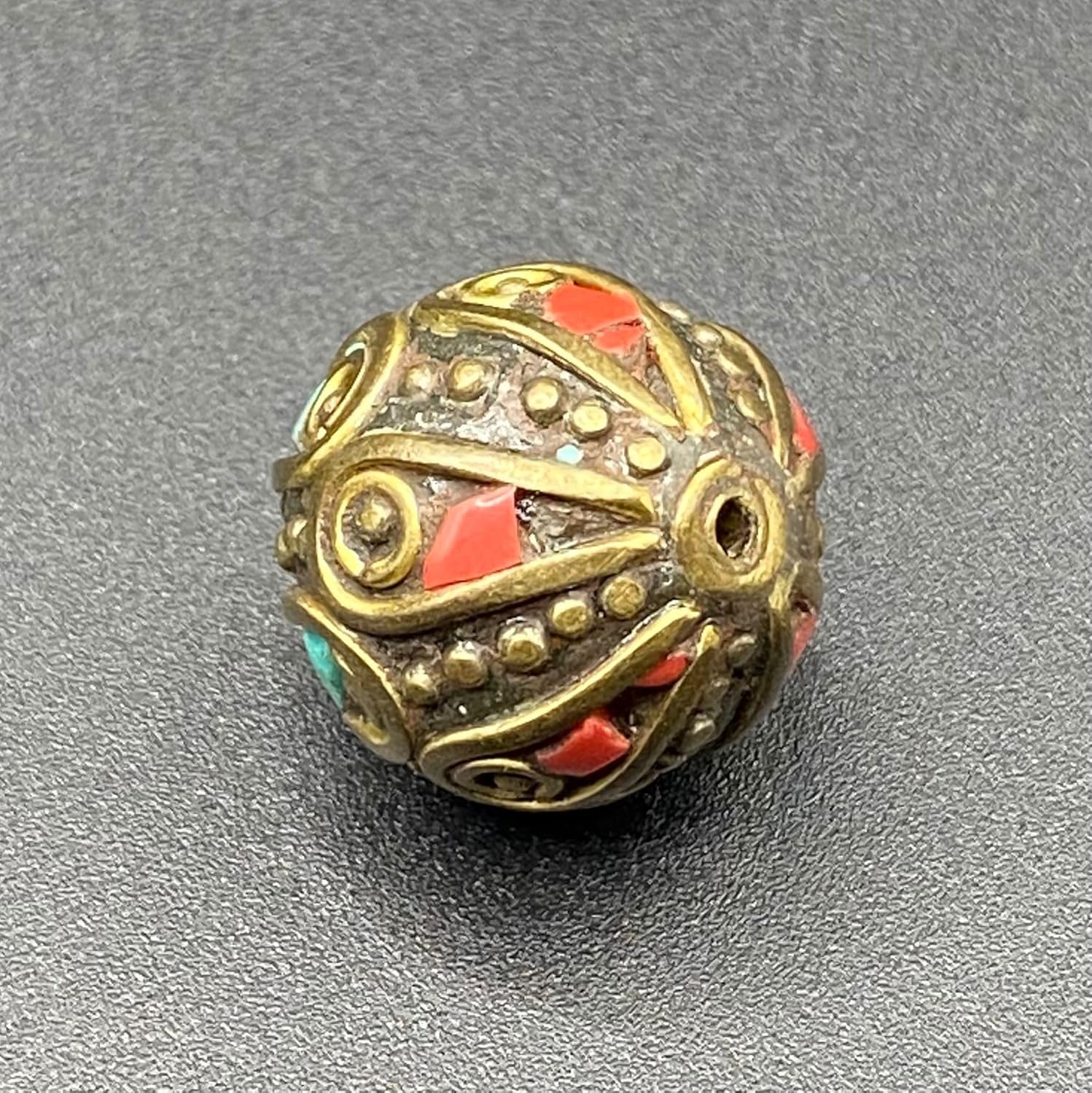 ALI OPLALS Old Antique Nepali Tibetan Handmade Brass Bead 16mm 6g | Turquoise & Coral Inlay Round Bead | Ethnic Boho Jewelry Supply |Prayer Buddha Amulets, For Pendant Bracelet Necklace Making (50)