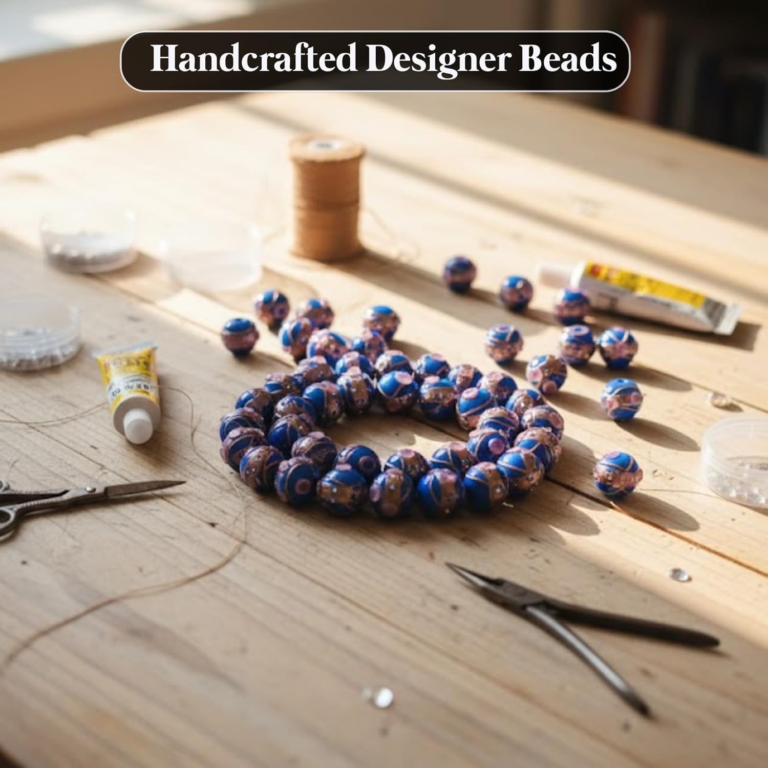 Handcrafted Blue Lampwork Glass Beads | 16mm Round Beads with Golden & Pink Detailing | Available in 10 Strands | Loose Beads for Jewelry Making, DIY & Accessories