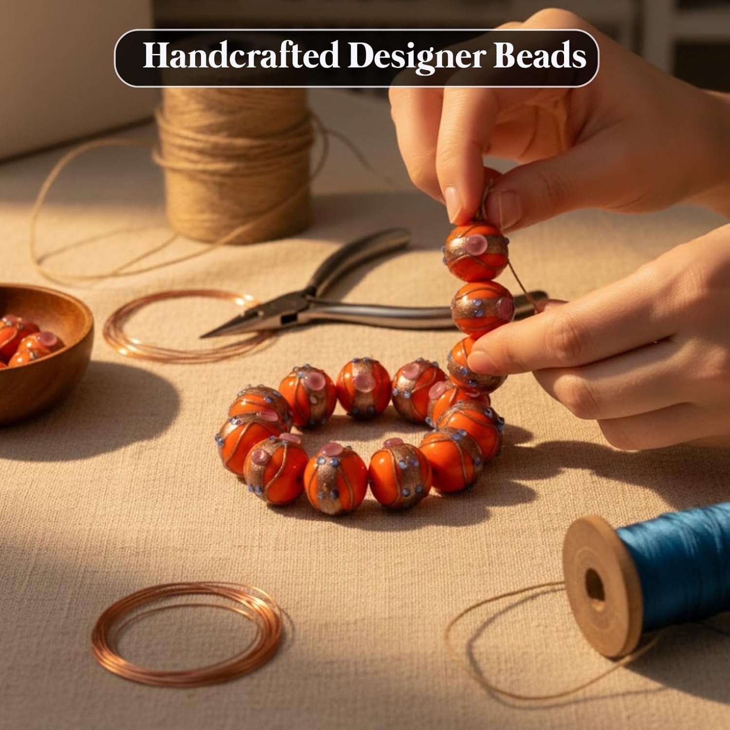 Handcrafted Orange Lampwork Glass Beads | 16mm Designer Round Loose Beads | Available in 10 Strands | Artistic Handmade Beads for Jewelry Making, DIY & Decoration