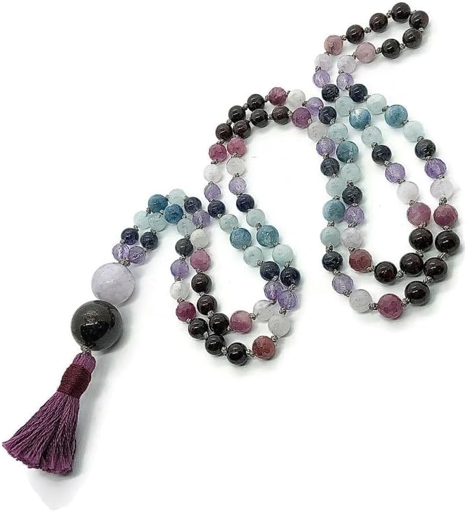 Natural aquamarine, ruby, garnet, iolite, amethyst 6mm-10mm 108 Mala Beads, Spiritual, Meditation Beads, Reiki, Japa Mala, Buddhist Prayer Beads, Yoga Bracelet, healing beads LKMALA-RRGU-459