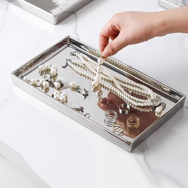 Tray Nordic Style Silver Ceramic Tray Light Luxury Jewelry Tray Home Storage Tray Home Rectangular Storage Tray Serving Trays(XL)
