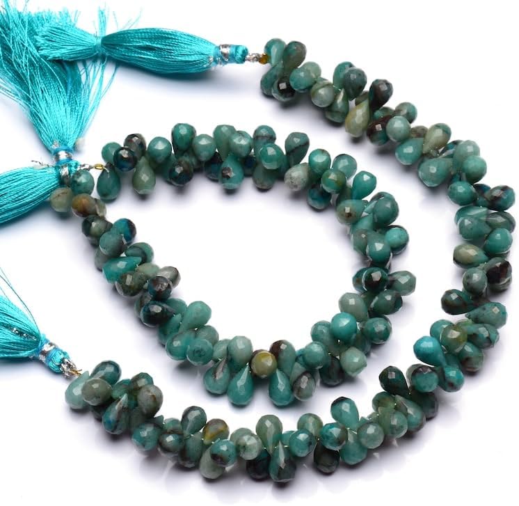 8 inch Strand of Natural Chrysocolla 8x6 mm Teardrop Faceted briolette Beads for DIY Jewelry Making. |BRIO_02281