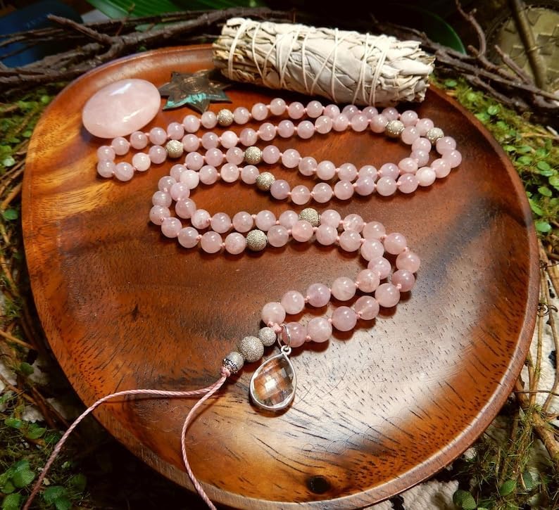 Natural Madagascar Rose Quartz 8mm 108 Mala Beads, Spiritual, Meditation Beads, Reiki, Japa Mala, Buddhist Prayer Beads, Yoga Bracelet, healing beads LKMALA-RRGU-1496, 34 inch