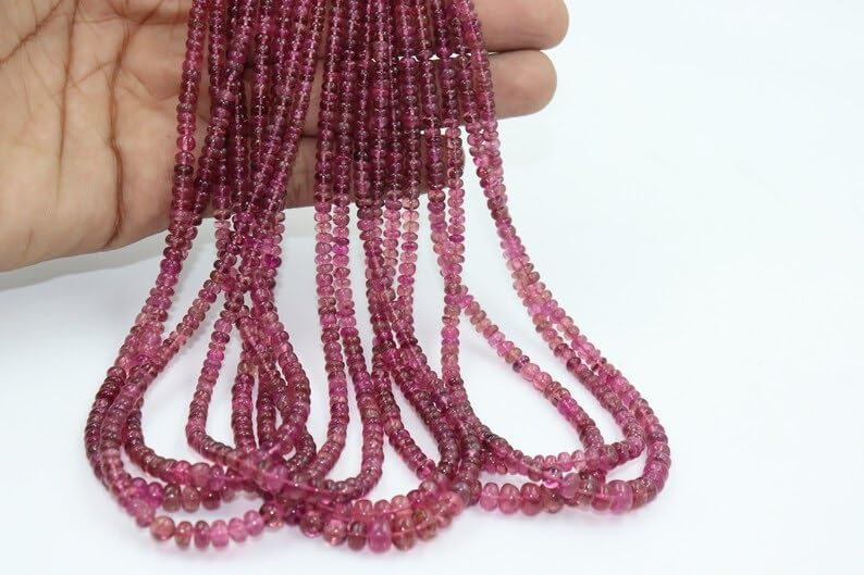 AAA+ Pink Tourmaline Smooth Rondelle Beads 4-6MM Pink Tourmaline Gemstone Plain Rondelle Beads Strand for Jewelry Making
