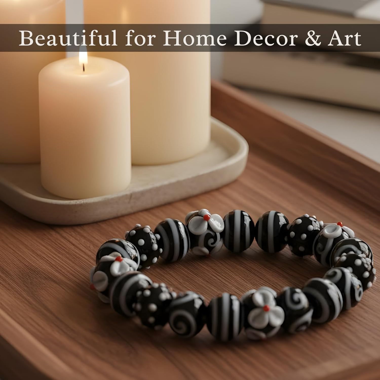 Handcrafted Black & White Lampwork Glass Beads | Floral, Dots & Stripe Pattern Beads | Available in 10 Strands | Artistic Assorted for Jewelry Making & DIY Crafts.