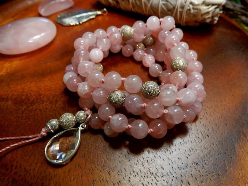 Natural Madagascar Rose Quartz 8mm 108 Mala Beads, Spiritual, Meditation Beads, Reiki, Japa Mala, Buddhist Prayer Beads, Yoga Bracelet, healing beads LKMALA-RRGU-1496, 34 inch