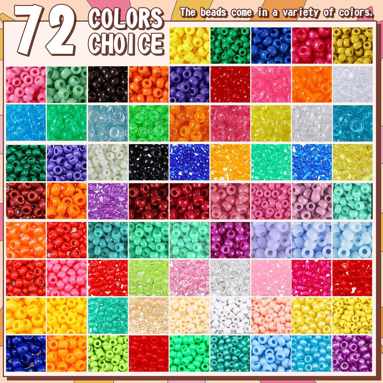21000 Pcs Pony Beads Bulk 6 x 9 mm Mix Shapes Plastic Kandi Beads for Bracelet for Multicolor Craft Making Rainbow Necklace Jewelry Key Chain DIY Braids, 50 Colors