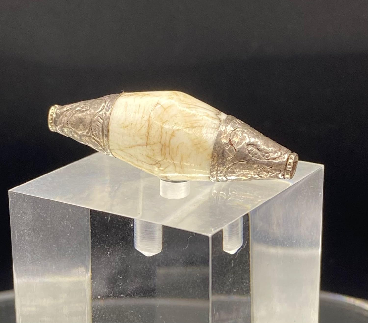 Handcrafted Nepalese Tibetan Natural Shell Pearl Bead with Afghan Silver Capped 44x15mm –9.55g Barrel Carved Bead for Jewelry Making, Craft Supplies, DIY Necklace & Bracelet Design (20)